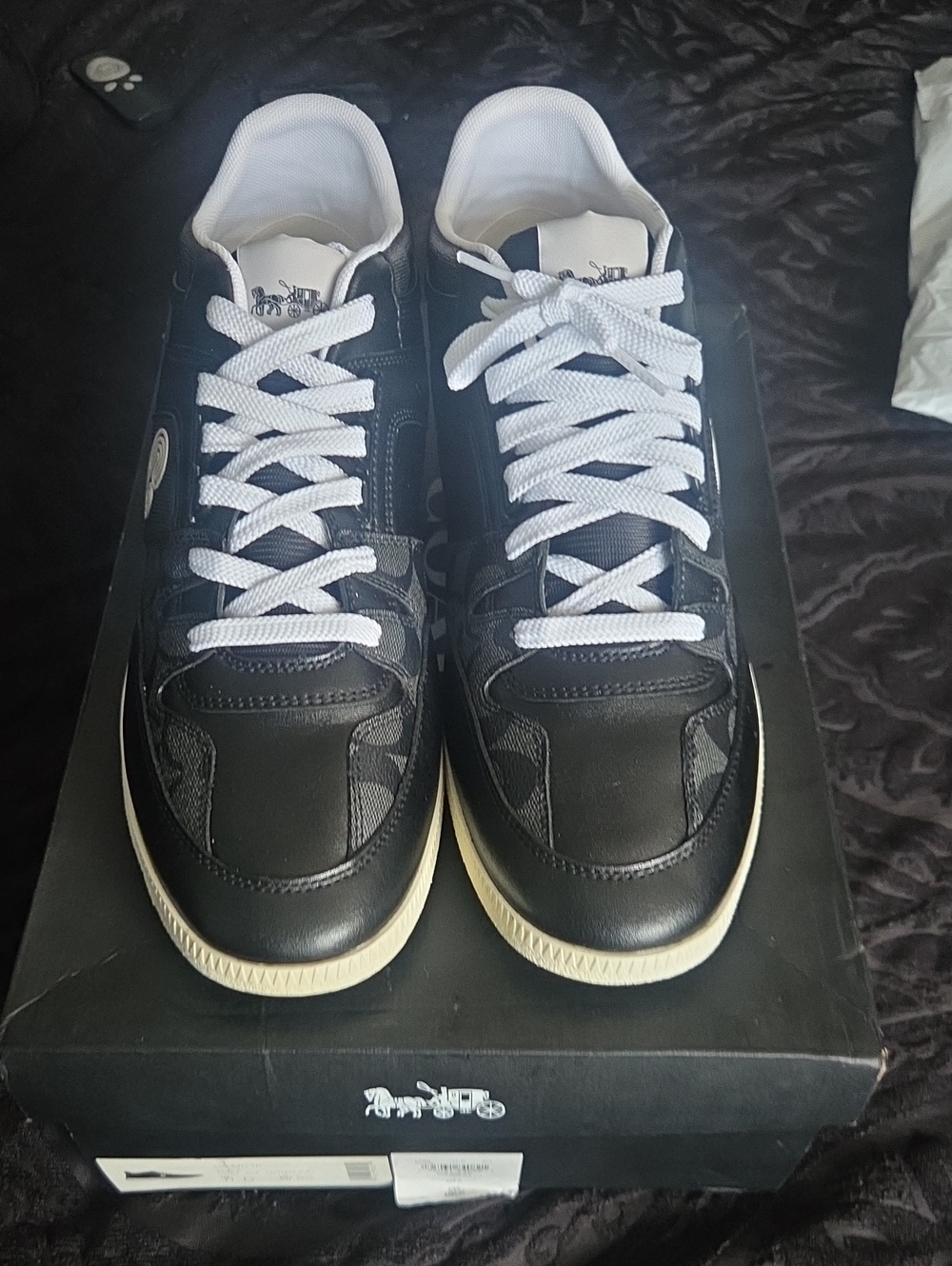 Coach Men's Black Leather and Signature Logo Sneakers with White Laces